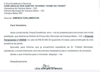 Ivone do Touro agradece emenda de 100 mil para Campos Belos (GO)