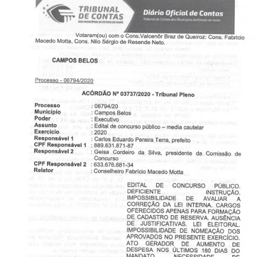 Tribunal de Contas suspende concurso da prefeitura de Campos Belos (GO)