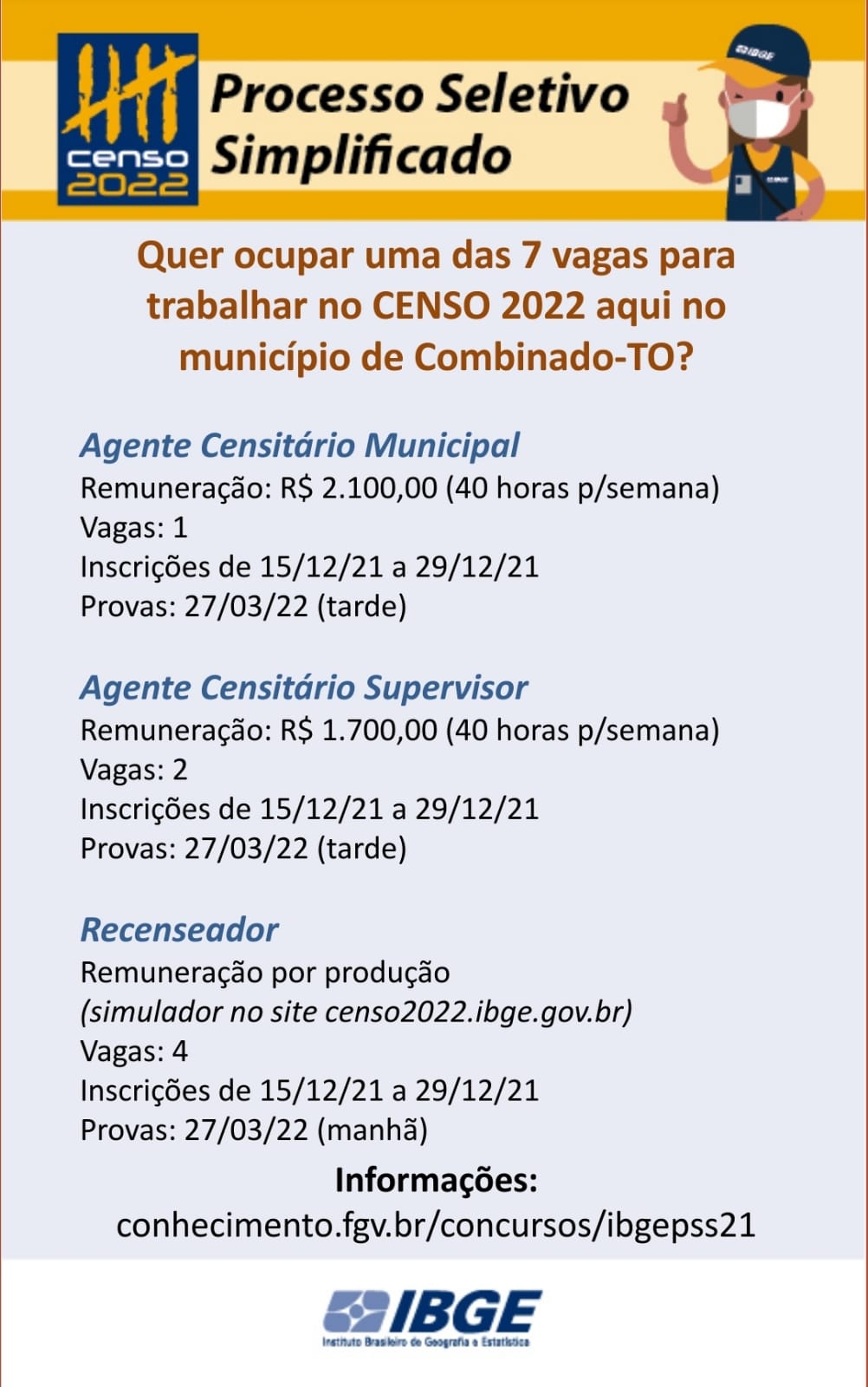 IBGE faz seleção em Combinado (TO); há 7 vagas