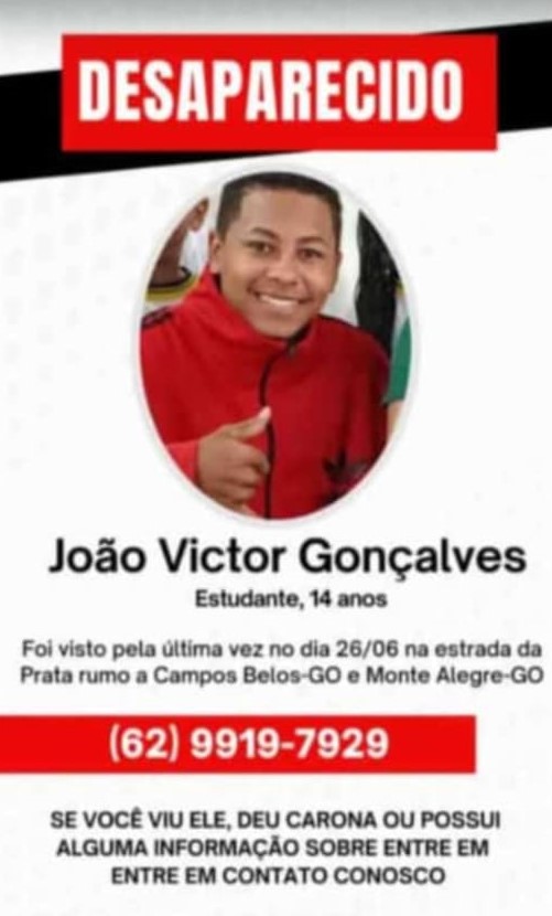 Urgente: família de Campos Belos (GO) procura adolescente desaparecido. ENCONTRADO!