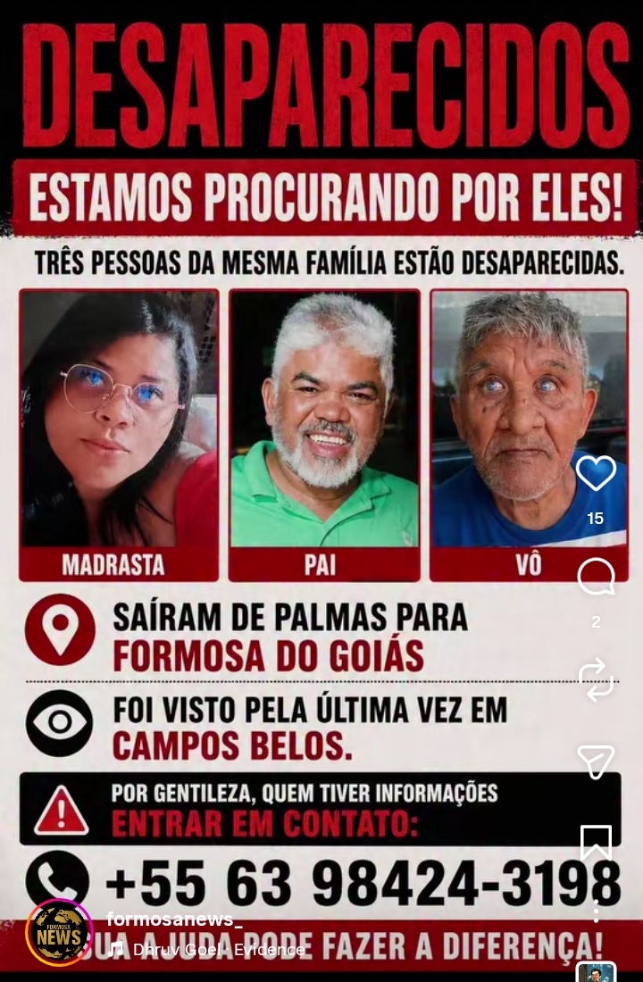 Família desaparece durante viagem entre Palmas e Formosa e mobiliza buscas em Goiás; Vistos em Campos Belos (GO)